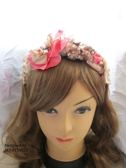 Rose Gold Boho Chic Floral Headband,Pink Beaded Tiara