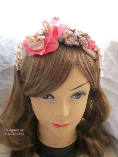 Rose Gold Boho Chic Floral Headband,Pink Beaded Tiara