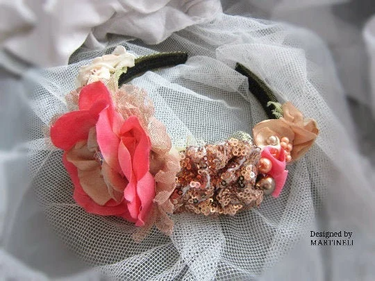 Rose Gold Boho Chic Floral Headband,Pink Beaded Tiara