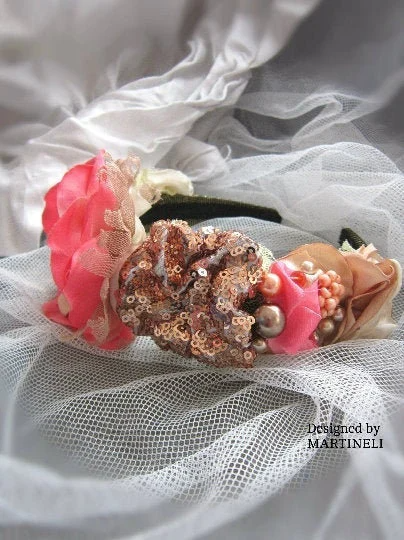 Rose Gold Boho Chic Floral Headband,Pink Beaded Tiara