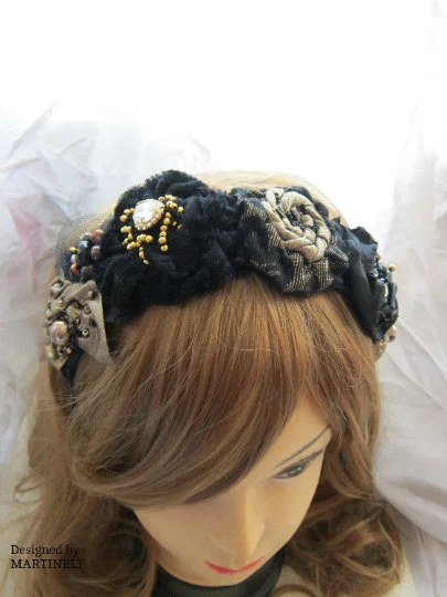 Black Gothic Headband,Embroidered Velvet Sash Belt