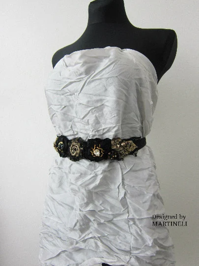 Black Gothic Headband,Embroidered Velvet Sash Belt