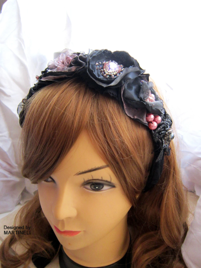Black Velvet Embroidered Crystal Headband,Gothic Beaded Headpiece