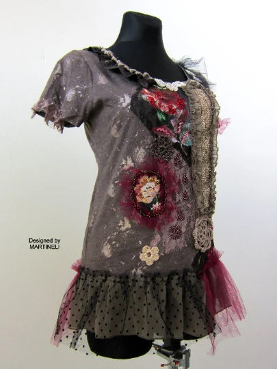 S/M Embroidered Boho T Shirt Dress,Upcycled Clothing for Women