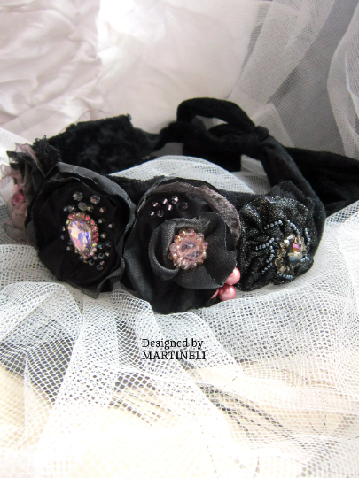 Black Velvet Embroidered Crystal Headband,Gothic Beaded Headpiece