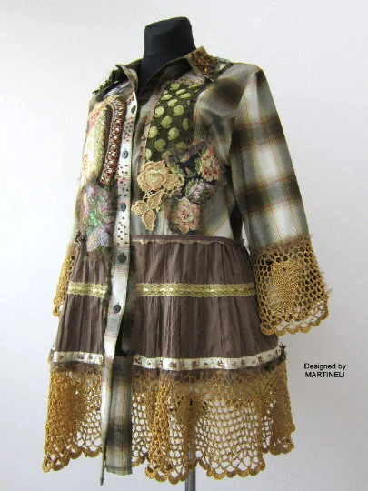 Khaki Green Floral Duster Dress,XL Upcycled Clothing for Women