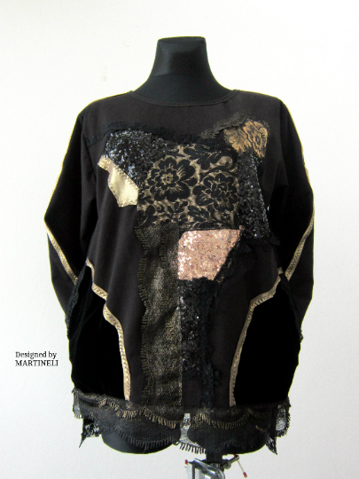 Black Embroidered Sweatshirt For Women XL Boho Casual Top