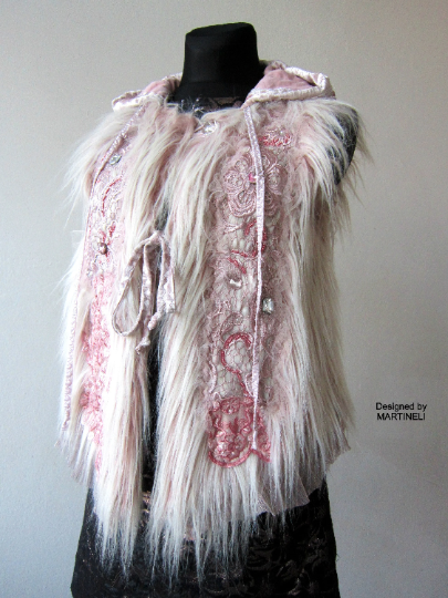 Pink Faux Fur Hooded Vest,S Embroidered Hoodie Jacket