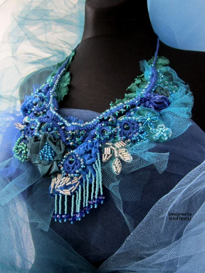 Blue Crystal Statement Necklace,Victorian Beaded Embroidered Necklace