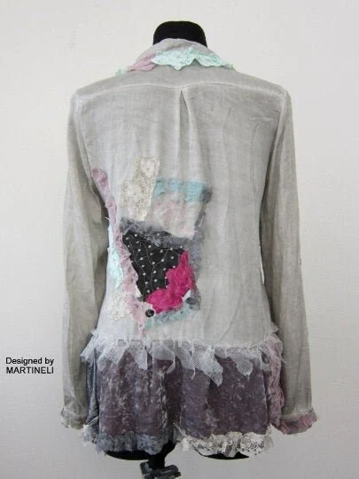 M/L Gray Embroidered Boho Top Tunic,Upcycled Clothing For Women