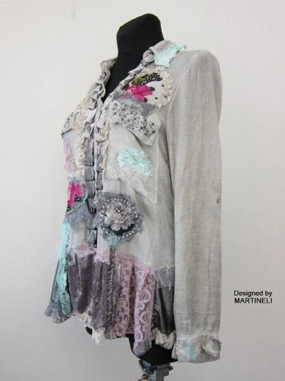 M/L Gray Embroidered Boho Top Tunic,Upcycled Clothing For Women