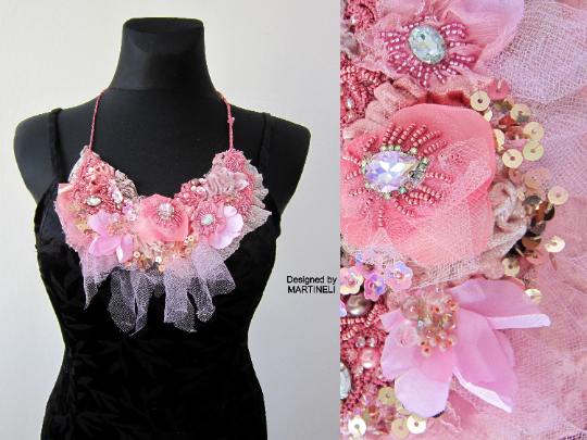 Boho Chic Pink Floral Necklace,Bold Statement Embroidered Necklace